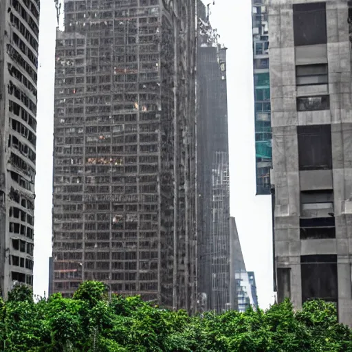 Prompt: abandoned skyscrapers overgrown with foliage in a post apocalyptic new York