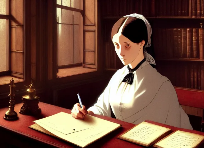 Prompt: victorian britain 1 8 3 5, middle - aged florence nightingale sitting writing letters in the library of a english victorian manor. light from a window on the left, finely detailed perfect art, gapmoe yandere grimdark, trending on pixiv fanbox, painted by greg rutkowski makoto shinkai takashi takeuchi studio ghibli