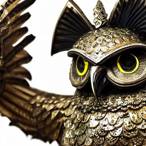 Prompt: warrior wearing jewel encrusted metal owl armour, highly detailed, 4k, HDR, smooth, sharp focus, hyper realistic, high resolution