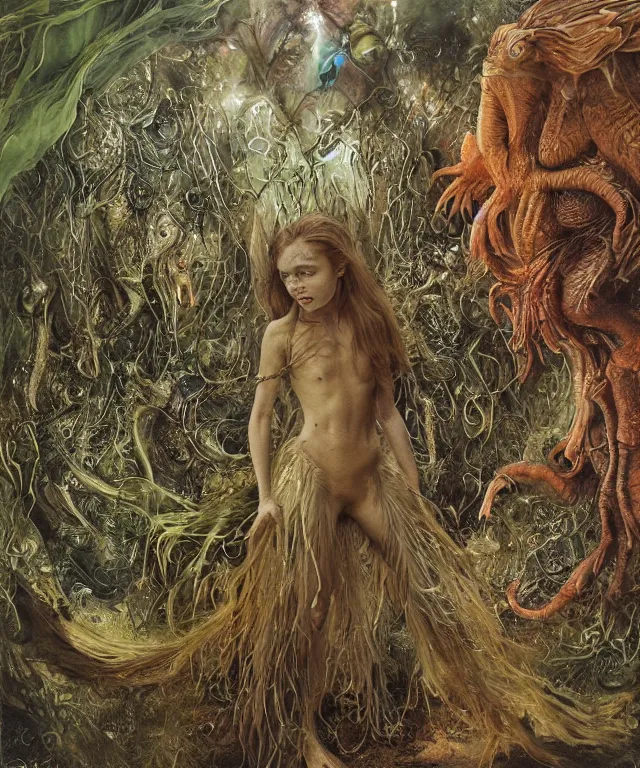 Prompt: a portrait photograph of a fierce sadie sink as an alien harpy queen with slimy amphibian skin. she is trying on a feathered bulbous living slimy organic membrane parasite dress and transforming into an insectoid amphibian. by donato giancola, walton ford, ernst haeckel, brian froud, hr giger. 8 k, cgsociety