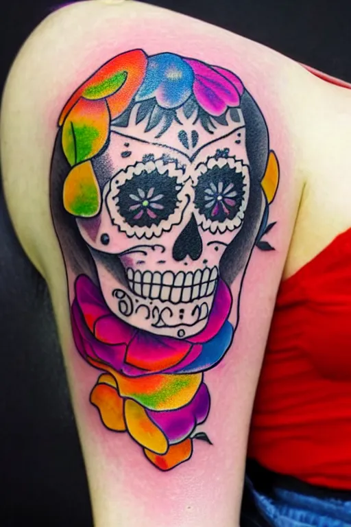 Prompt: tattoo of sugar skull, bright colors