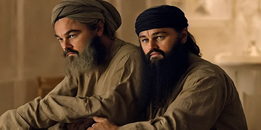 Image similar to Leonardo DiCaprio as Osama Bin Laden in 'Bin' (2024), movie still frame, oscar nominated cinematography, volumetric lighting, 8k resolution, beautiful composition