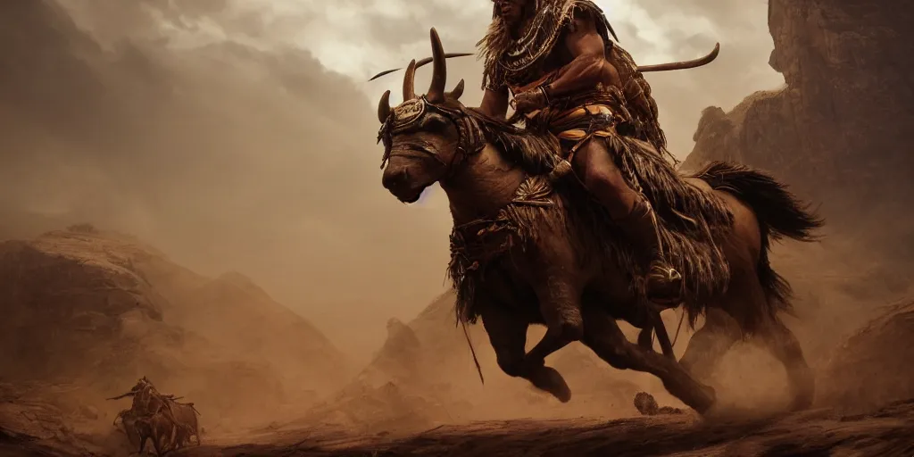 Image similar to an ancient tribesman driving an ancient motorcycle, hunting bisons ,attacking, chase, action scene, an epic fantasy, dramatic lighting, cinematic, establishing shot, extremely high detail, photorealistic, cinematic lighting, artstation, octane render, western,old photo, vintage