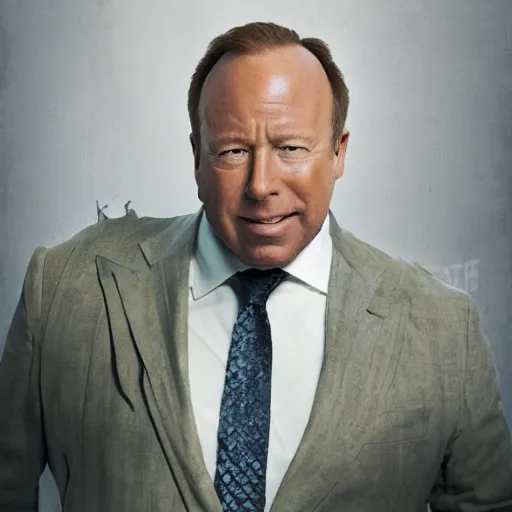 Image similar to UHD candid photo of Alex Jones as Hercules, standing on the head of Klaus Schwab's corpse, accurate face, UHD, photorealistic, correct face, photo by Annie Leibowitz