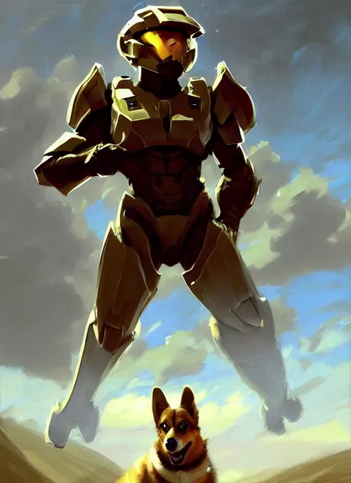 Image similar to Greg Manchess painting of a Corgi in a combination of Metroid Prime Armor and Forerunner Armor from Halo, countryside, calm, fantasy character portrait, dynamic pose, above view, sunny day, thunder clouds in the sky, artwork by Jeremy Lipkin and Giuseppe Dangelico Pino and Michael Garmash and Rob Rey, very coherent asymmetrical artwork, sharp edges, perfect face, simple form, 100mm