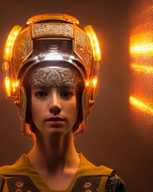 Prompt: centered medium shot fine studio photograph of a young woman wearing only a solarpunk mecha Mayan helmet with bright lights, ultra-realistic, white background, 8k HDR, intricate