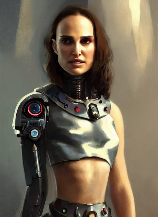 Image similar to a digital painting of Natalie Portman as a cyborg wearing a greek noble outfit, by netter, style from greg rutkowski, beautiful eyes, long hair, full frame, oil painting, featured on artstation, concept art, smooth, sharp focus, illustration, very detailed, ambient lighting, unreal engine render, concept art by Atey Ghailan, by Loish, by Bryan Lee O'Malley