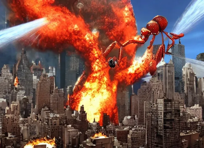 Prompt: giant ant destroying new york, fire, flames, edf earth defense force