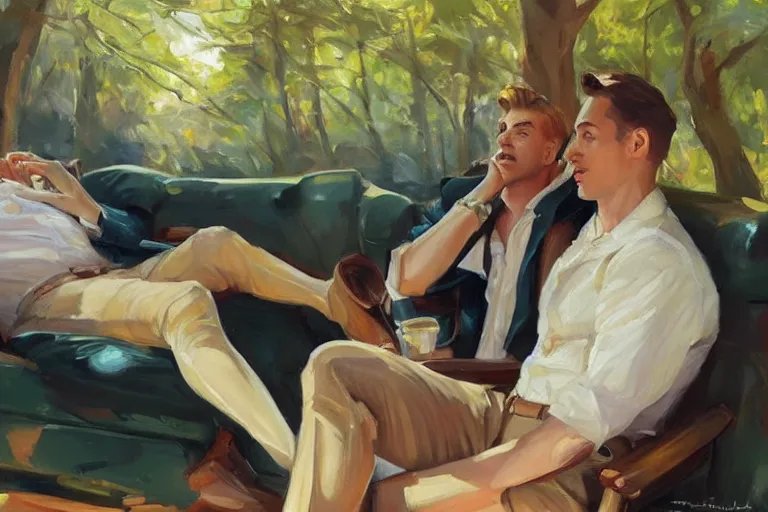 Prompt: 2 attractive men sitting on a coach in forest, painting by vladimir volegov, j. c. leyendecker, tom of finland, trending on artstation