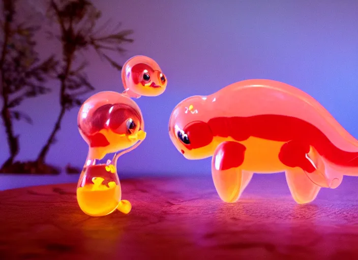 Prompt: photo of a translucent clear kawaii pixar style baby dinosaur with symmetrical head and eyes, made out of clear plastic, but has red hypercolor glowing electric energy inside its body, and electricity flowing around the body. in the forest. electric bubbles and electric red clear glass hearts, fantasy magic style. highly detailed. intricate design by pixar
