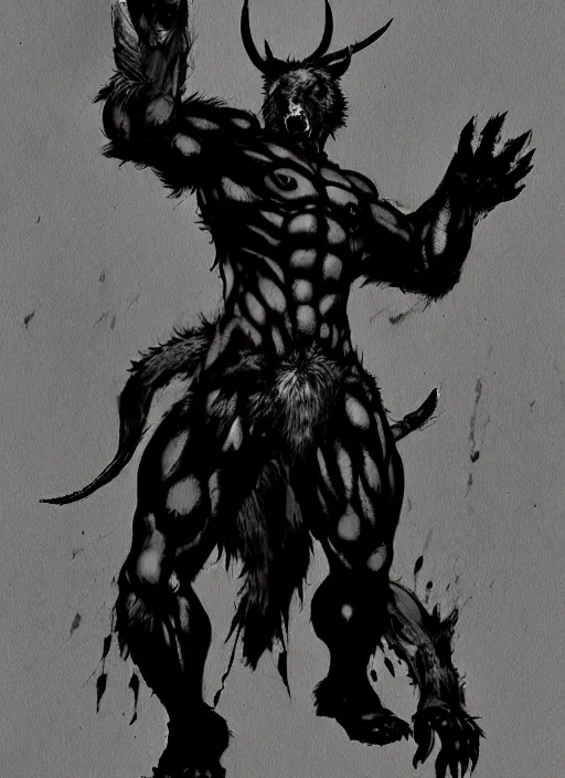 Prompt: Full body portrait of horned bear spirit with sharp claws. In style of Yoji Shinkawa and Hyung-tae Kim, trending on ArtStation, dark fantasy, great composition, concept art, highly detailed.