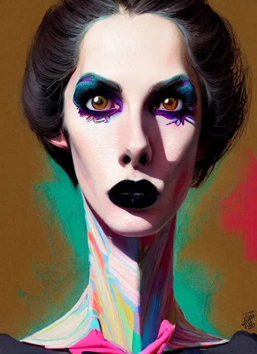 Image similar to portrait of a lanky woman with a crooked nose and a confident expression, 1 9 6 0 s, colorful clothes, goth, punk, funk, intricate, elegant, highly detailed, digital painting, artstation, concept art, smooth, sharp focus, illustration, art by wlop, mars ravelo and greg rutkowski