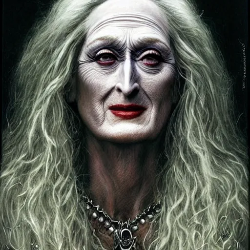 Image similar to head and shoulders portrait of an evil, black - skinned night hag portrayed by meryl streep, d & d, fantasy, luis royo, magali villeneuve, donato giancola, wlop, krenz cushart