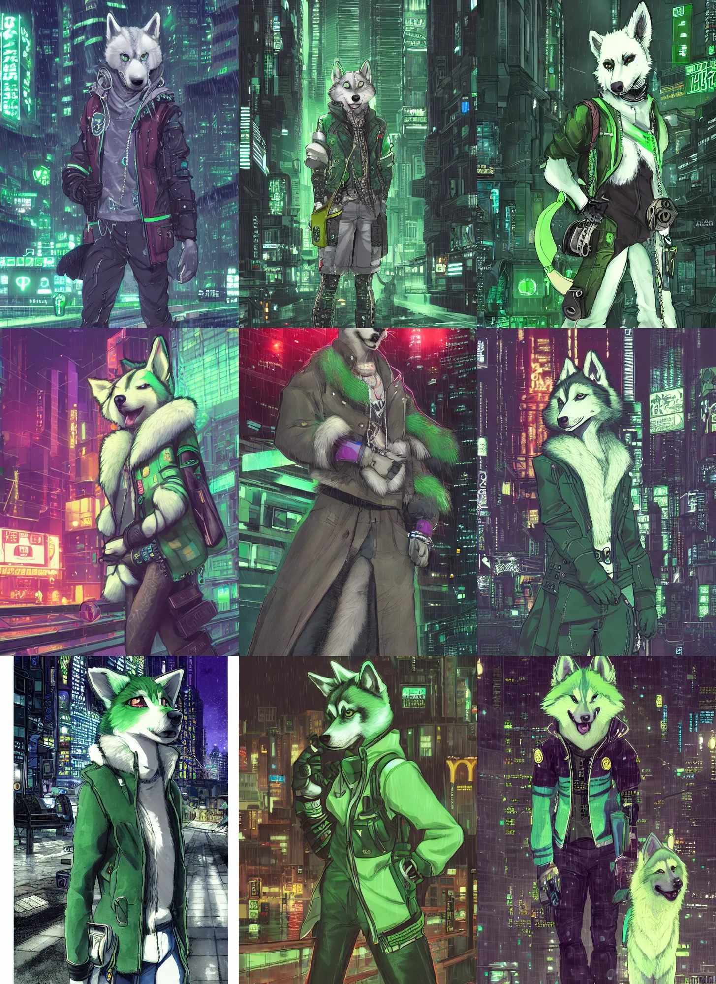 Prompt: character portrait of a green male anthro husky fursona with a cute beautiful attractive detailed furry face wearing stylish cyberpunk clothes in a cyberpunk city at night while it rains. hidari, color page, tankoban, 4 k, tone mapping, akihiko yoshida.