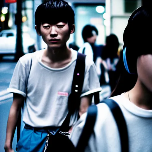 Image similar to ! dream japanese teenagers male and female, street photography in the 8 0 s, blue scheme, economic boom, punks, highly realistic, photography, highly detailed, cinematic lighting, tokyo, fashion, wearing sony walkman and headphones