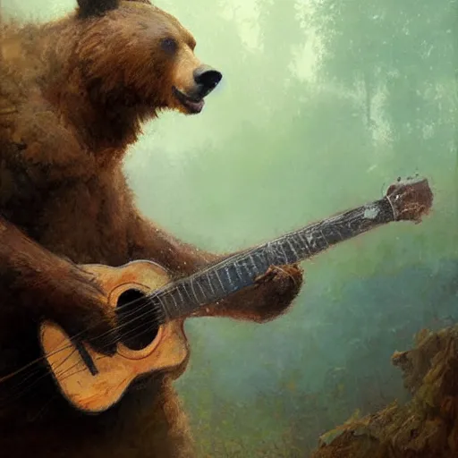 Prompt: realistic bear playing fantastic primitive forms guitar, fantasy character portrait by Greg Rutkowski, Craig Mullins, Gaston Bussiere