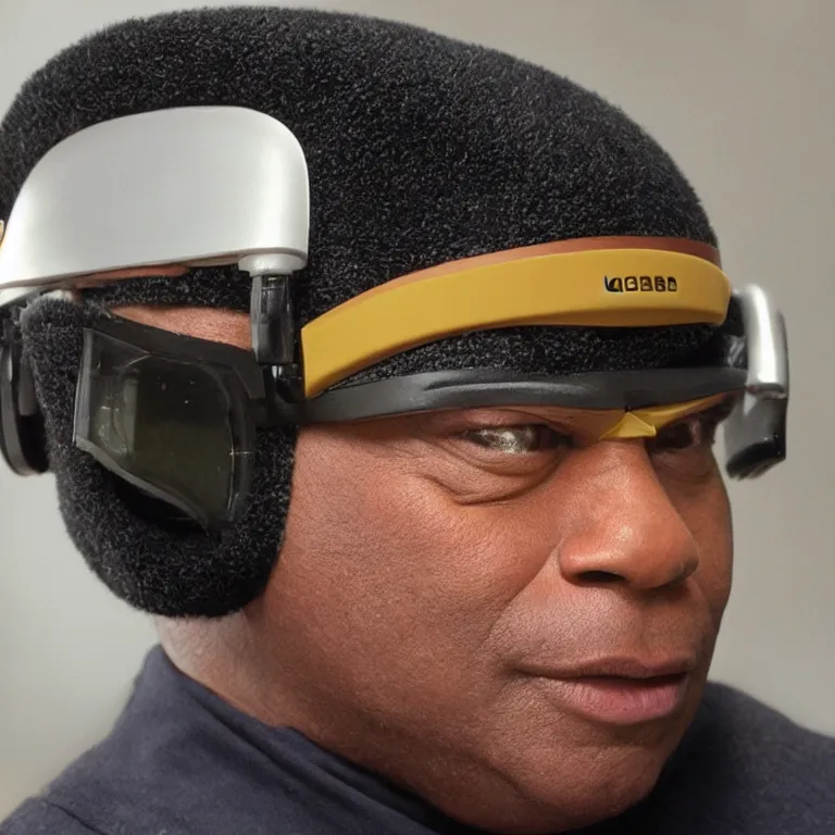 Prompt: geordi laforge wearing visor and high tech ear muffs on his head and kinda looks like lobot