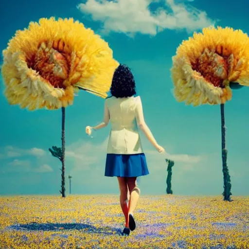 Image similar to giant flower head, woman walking, surreal photography, cinematic, blue sky, symmetry, detailed, bright, retro, wes anderson