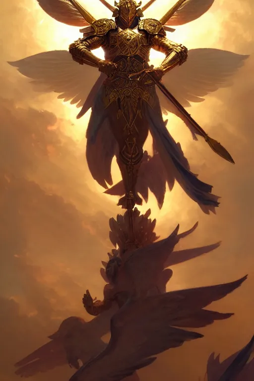 Prompt: dynamic fullbody!!! portrait of a powerful magical warrior screaming to the sky, armed with elaborate spear, angelic wings, golden armor, well lit, by greg rutkowski and gaston bussiere and craig mullins and j. c. leyendecker, volumetric lighting, hd