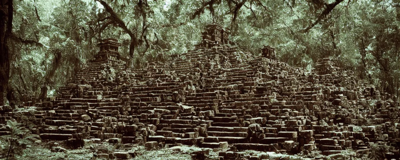 Image similar to an ancient aztec temple in the middle of the forest made out of spaghetti, canon 5 0 mm, cinematic lighting, photography, retro, film, kodachrome