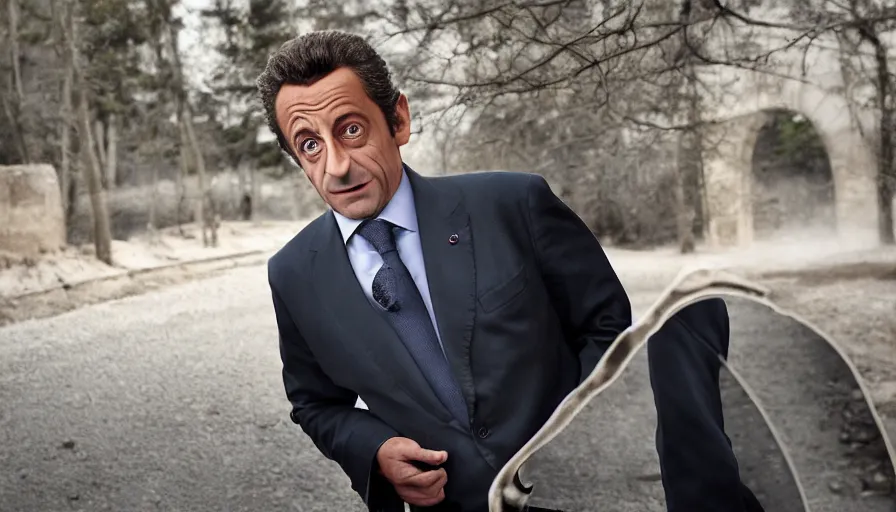 Image similar to hyper-realistic and anamorphic 2010s movie still of Nicolas Sarkozy, by Paolo Sorrentino, Leica SL2 30mm, beautiful color, high quality, high textured, lens flare