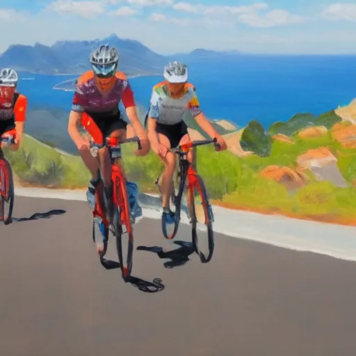 Image similar to 3 friends on professional road bycycles riding in the mountains of Mallorca, sea in the background, oil painting, 4k