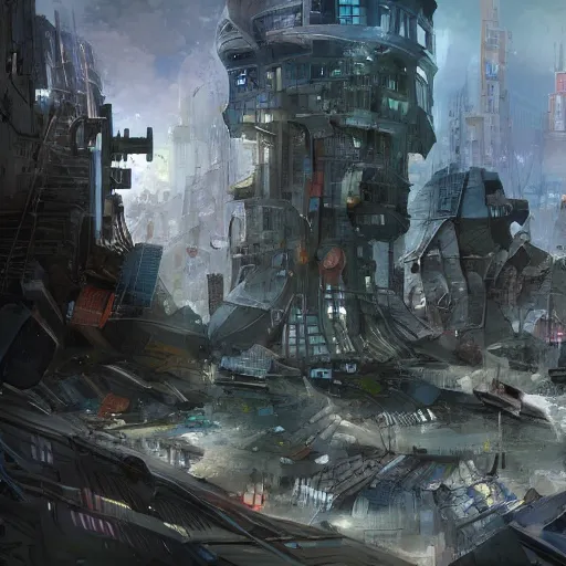 Image similar to damaged city, high - tech, concept art