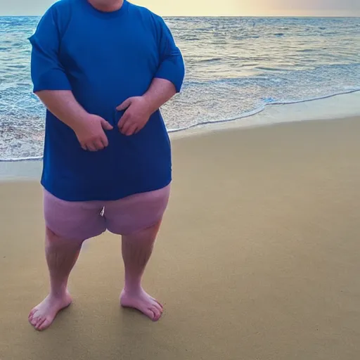 Prompt: an extremely obese middle age woman on the beach wearing an oversized tshirt and shorts