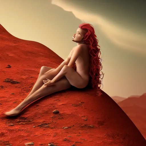 Prompt: Still of a Martian woman with gorgeous flowing hair on Mars, sitting on a Martian rock, photorealistic facial features, cinematic analog photography, reddish atmosphere with detailed highlights, dark gloomy sky cascading upon the atmosphere, well-detailed ornate Martian mountains in the background, trending on artstation, 4k, 8k