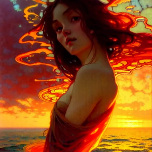 Image similar to sea of glossy liquid honey drops flowing like translucent amber, backlit, sunset, refracted lighting, art by collier, albert aublet, krenz cushart, artem demura, alphonse mucha