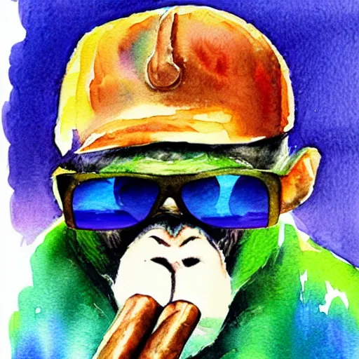 Prompt: watercolor painting of a monkey smoking a cigar wearing sunglasses, colorful, detailed, close-up