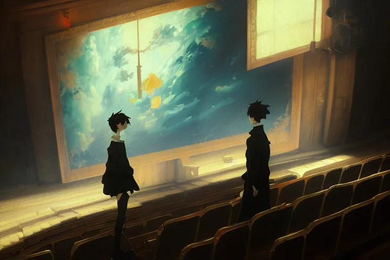 Image similar to baroque oil painting of anime key visual concept art of teacher in giant auditorium, trending on artstation, palette knife and brush strokes, oil on canvas, style of makoto shinkai greg rutkowski studio ghibli