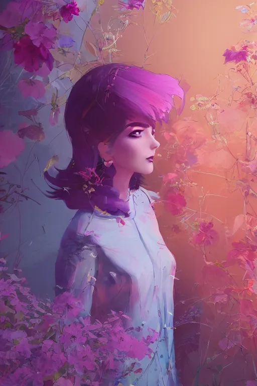 Image similar to elegant, beautiful woman in colourful clothing, ultrafine illustrated, ultradetailed flowery environment, by conrat roset, makoto shinkai, craig mullins, alphonse murac, detailed artwork, extremely detailed and high quality, global illumination, octane render, digital art trending on artstation