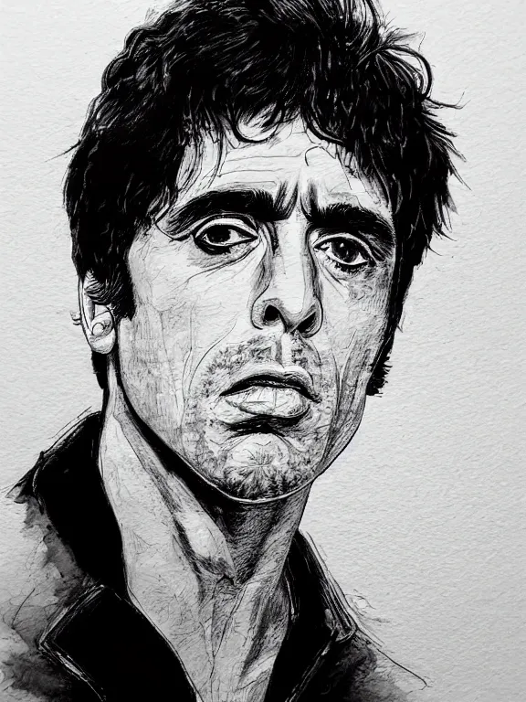 Image similar to headshot portrait. tony montana from movie scarface 1 9 8 3. al pacino, perfect symmetric face, coherent eyes, fine details., 4 k, red and black ink paint