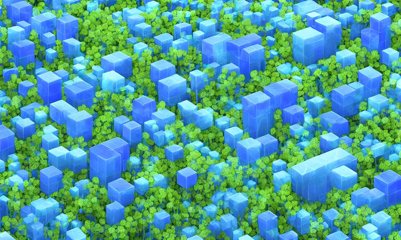 Image similar to blue cubes and forested blobs interconnected by high speed rails, digital art, 3 d, illustration