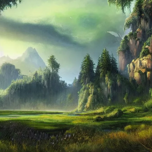 Prompt: large landscapes from another world, beautiful painting, very detailed fauna and flora, enhance lighting, the atmosphere is looking weird