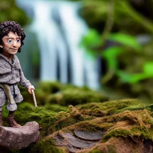 Image similar to high - res photograph of a claymation sculpture action figure cute frodo, highly detailed sculpey diorama, forest setting, waterfall backdrop, realistic materials, wood, felt, cloth, burlap, smooth, sharp foccus, commercial product photography,