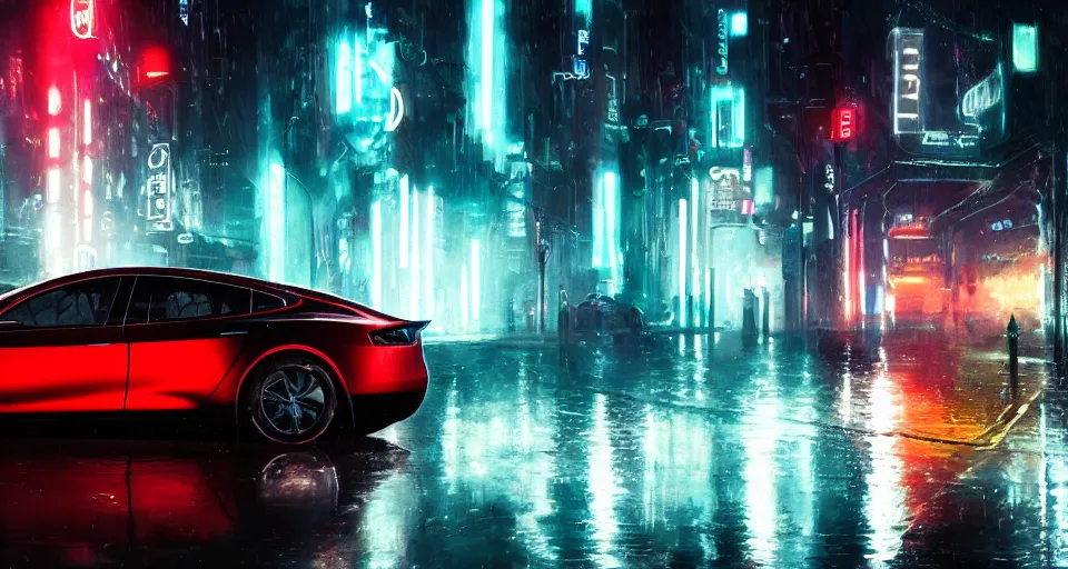 Prompt: close up macro shot of a tron tesla car on wet city street at night, intricate, hyper detailed, smooth, high contrast, neon, volumetric lighting, octane, moebius, greg rutkowski, blade runner, ripley scott, cindmatic