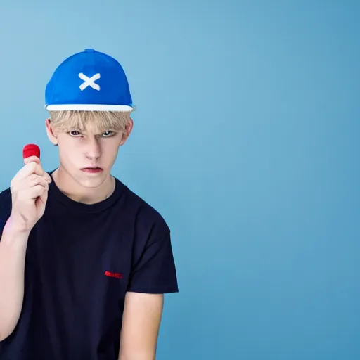 Image similar to a full body shot of an average white, short teenage boy with blue colored hair, wearing a red backwards cap, white t - shirt with a red no symbol on it, blue long pants and red shoes, holding a microphone, studio lighting, photoshoot, grey background