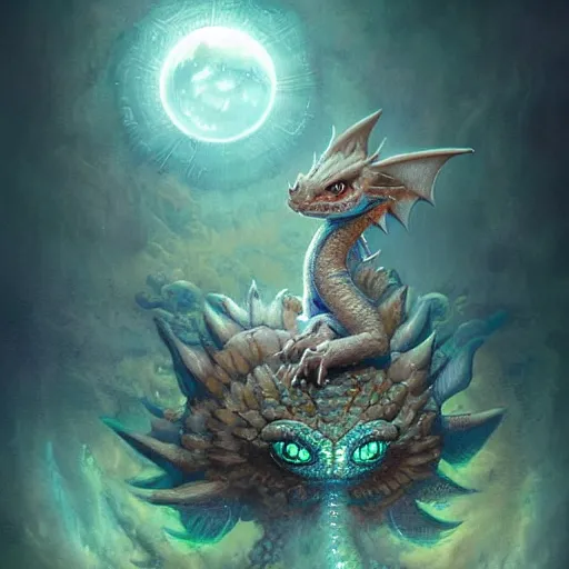 Image similar to a hyperrealistic illustration of a cute and tiny dragon that glows in the dark, dragon baby, glow in the dark, fractal moonlight, little dragon with glowing scales, award - winning, masterpiece, in the style of tom bagshaw, cedric peyravernay, peter mohrbacher