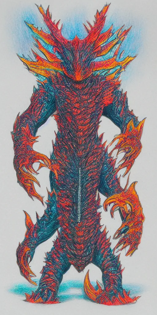 Image similar to a kaiju figurine super detailed colored pencil drawing with fluo colors