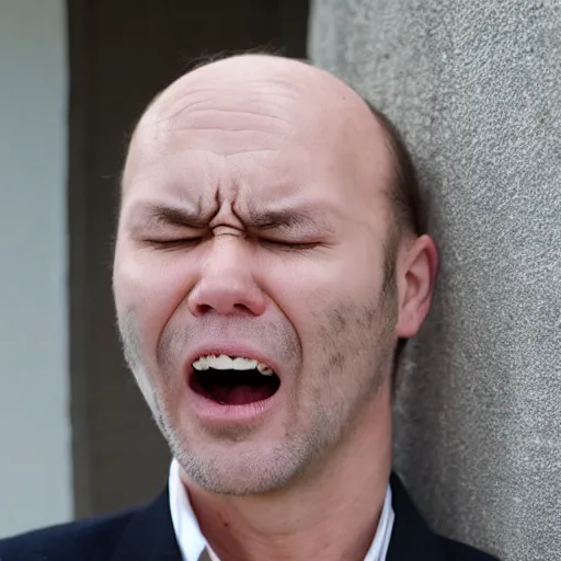 Image similar to a balding middle aged man crying