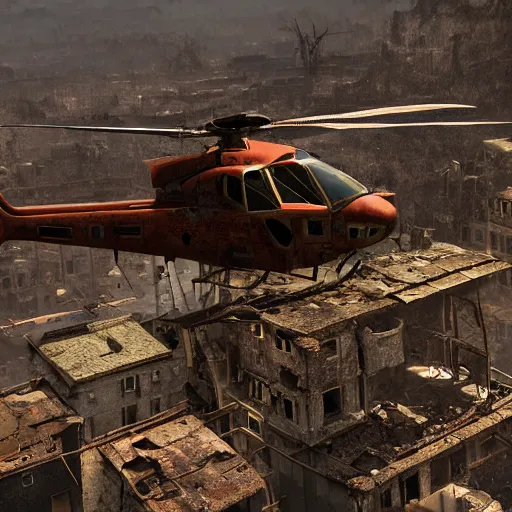 Prompt: apocalyptic, ruined town. rusted helicopter. volumetric lighting, sharp focus, ultra detailed, cgsociety - w 1 0 2 4 - n 8 - i