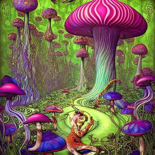 Prompt: psychedelic mushrooms and flowers madness fantasycore junglescape, glossy painting, Art Nouveau Elemental 4k Detailed Matte Illustration trending on Behance, CGSociety, Black and white, Pastiche by Tim and Greg Hildebrandt, Pastiche by Kay Nielsen