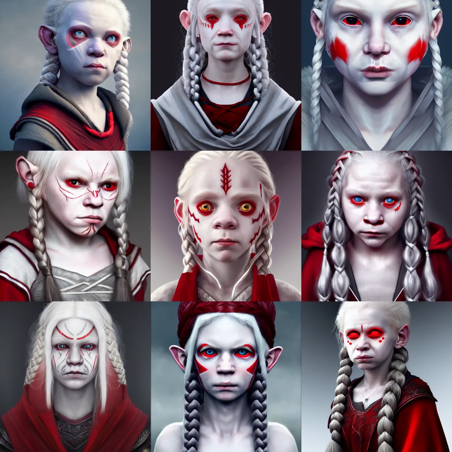 Prompt: realistic portrait of a young albino female halfling with red! eyes and white! braided hair and a grey! cloak and geometric facial tattoos!!!, haunted and sad expression, artstation, cinematic lighting, 8 k, digital art