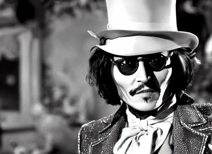 Image similar to film still of Johnny Depp as Willy Wonka in Willy Wonka and the Chocolate Factory 1971