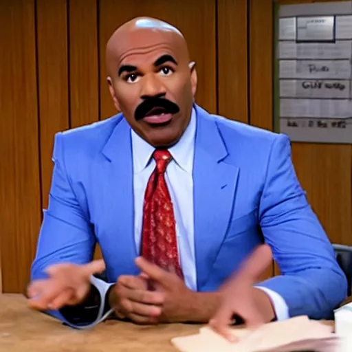 Image similar to a screen still of steve harvey playing dwight in the office