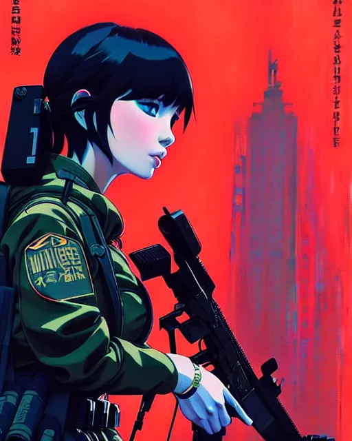 Image similar to girl wearing in tactical gear | | audrey plaza, fine detail!! anime!! realistic shaded lighting!! dramatic!! poster by ilya kuvshinov katsuhiro otomo ghost - in - the - shell, magali villeneuve, artgerm, jeremy lipkin and michael garmash and rob rey