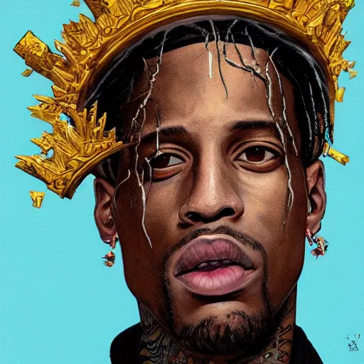 Image similar to travis scott with a golden crown, album cover,, a character portrait by weiwei, cgsociety, sots art, official art, art, character,