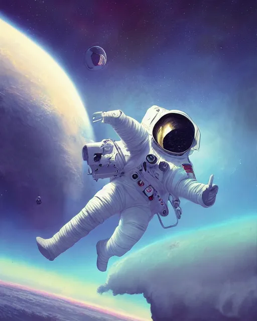 Image similar to a painting of an astronaut floating in space, poster art by mike winkelmann, behance contest winner, space art, sci - fi, poster art, 2 d game art